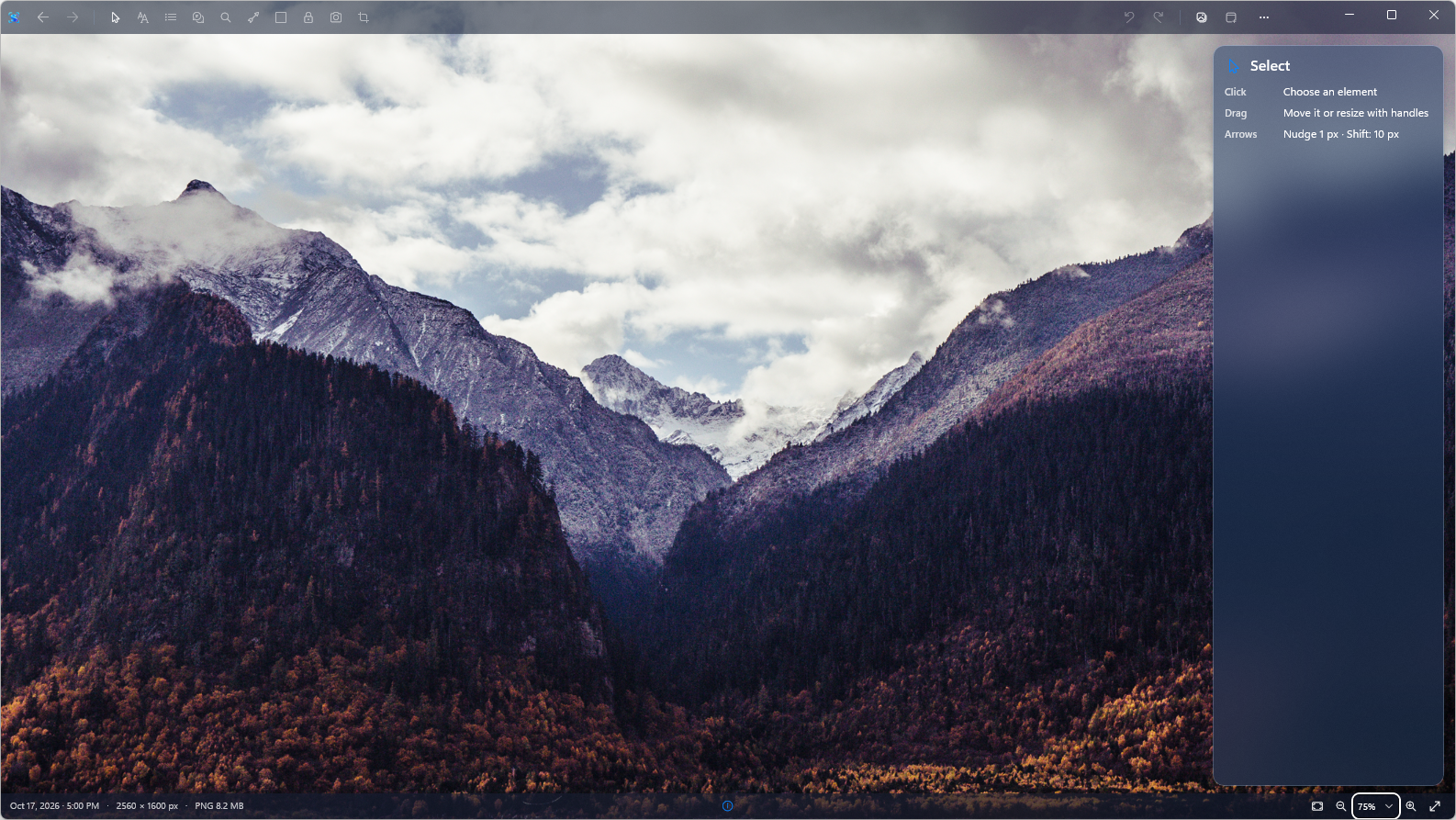 Scenic photo in the Shnapp editor extending behind the translucent title bar, footer, and open options panel