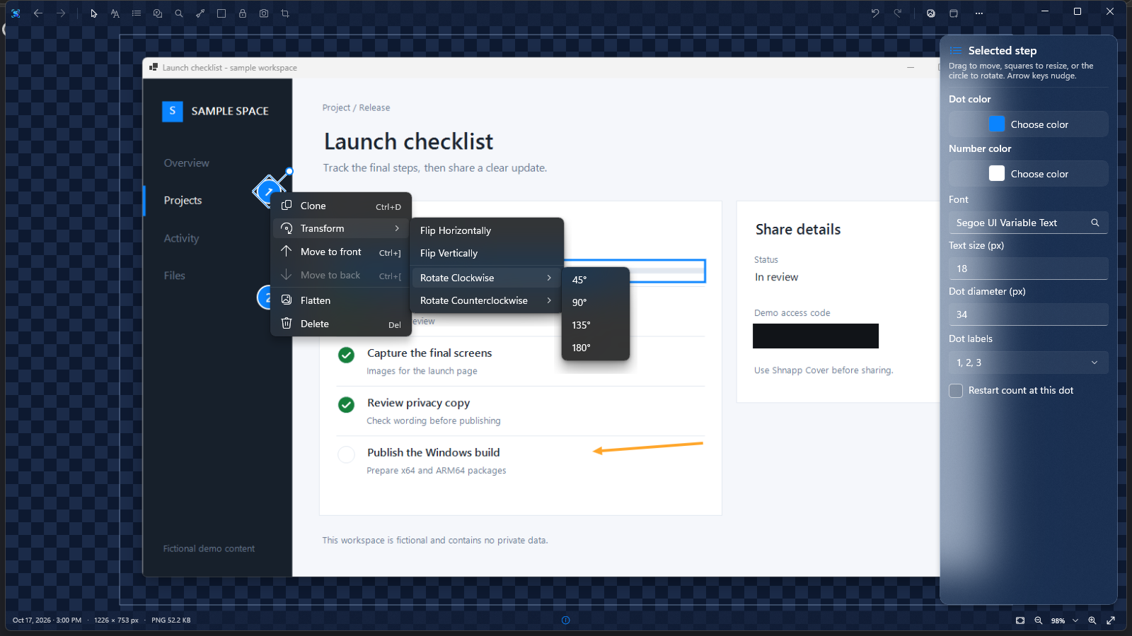 Shnapp right-click Transform menu with horizontal and vertical flip plus preset rotation commands