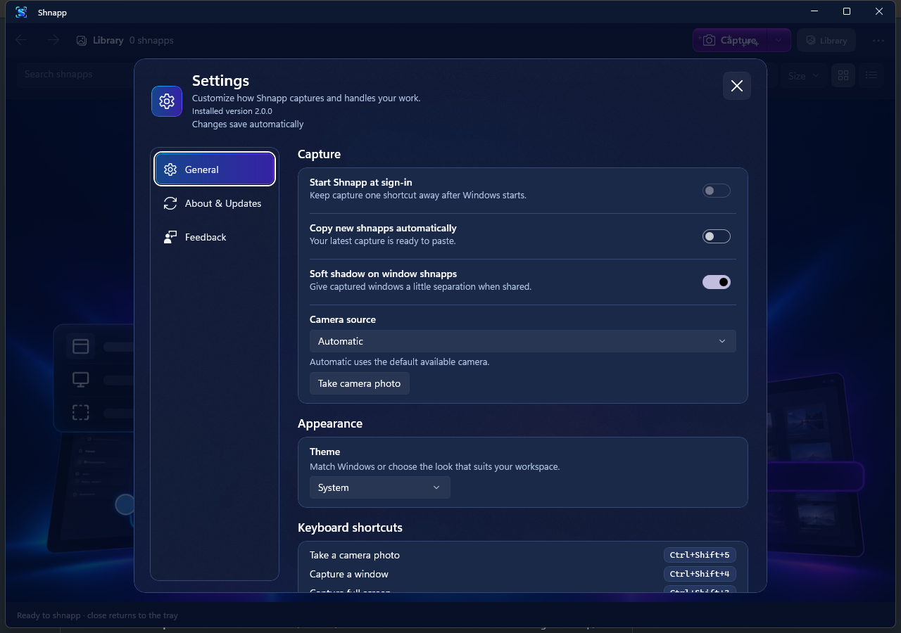 Actual Shnapp General settings showing the camera source, capture preferences, and Ctrl+Shift+5 camera photo shortcut